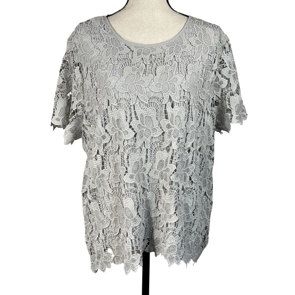 Philosophy XX-Large Top Floral Lace Short Sleeve Lined Keyhole Vapor Grey New